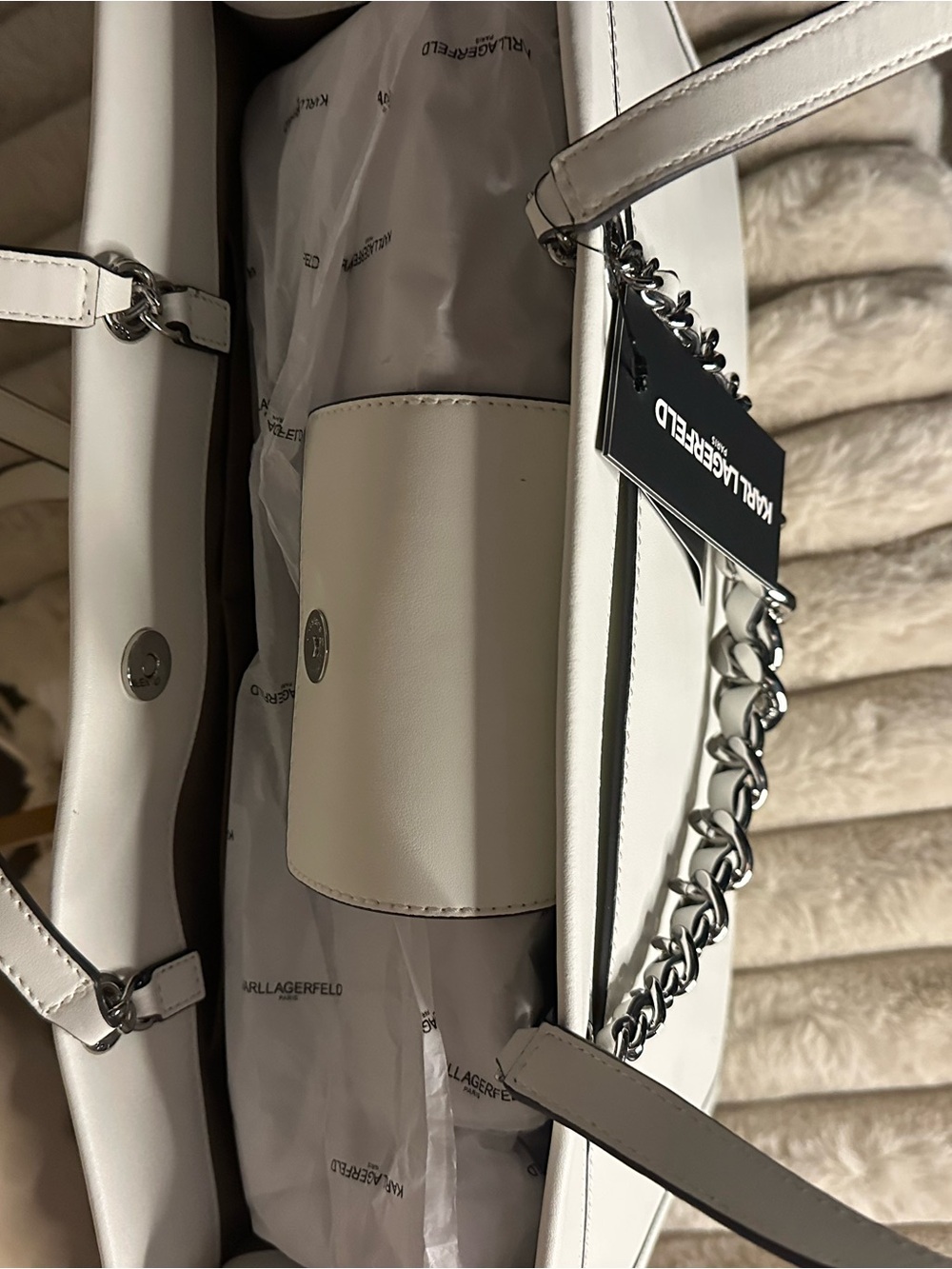 Karl Lagerfeld White Embossed Logo Tote with Silver Chain. NWT - Picture 3 of 6